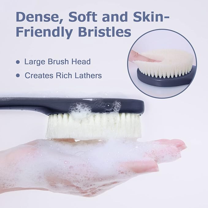 Body Back Scrubber – 17'' Long Handle Shower Brush, Durable Exfoliator for Dry & Wet Use, Deep Cleansing & Gentle Exfoliation for Smooth Skin – for Men, Women & Elderly (Navy Blue)