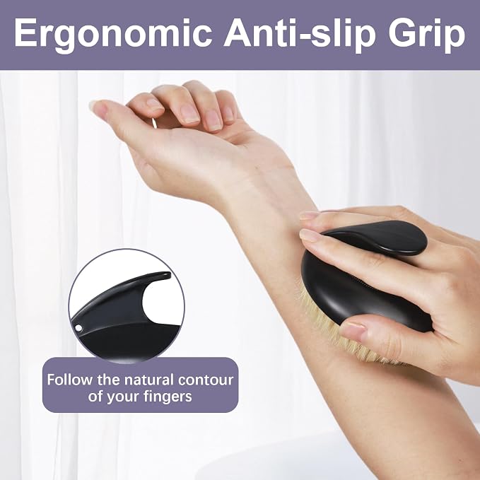 Dry Brushing Body Exfoliating Brush, Anti-Slip Body Scrubber for Shower, Natural Boar Bristles Bath Brush for Deep Cleansing & Softening Skin, Improve Circulation (Black-Boar Bristles)