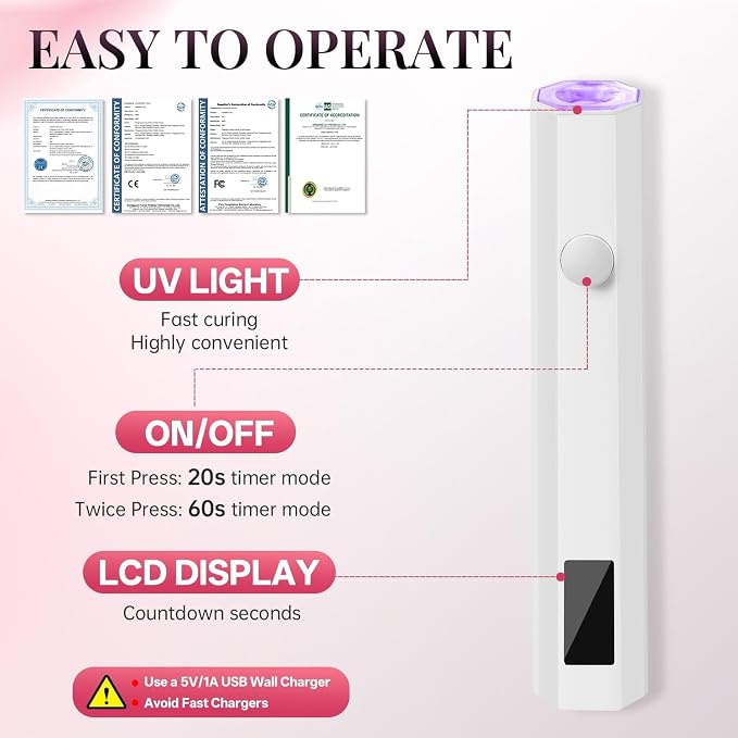 Cordless UV Nail Light with Stand, Digital Display, 2 Timers | Hands-free, stand doubles as phone holder, 20s/60s timers, 3W dual LED, 180mAh battery, for gel nails, rhinestones, travel
