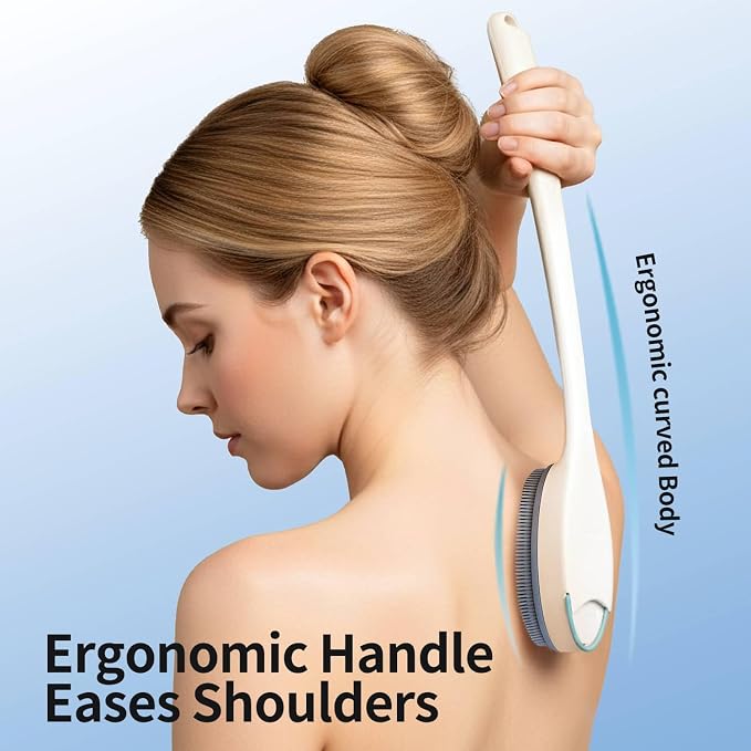 Extendable Silicone Back Scrubber, 17"-32", 4X Firm Scrub,White | Dual handles for 4X power. Zinc-infused BPA-free silicone. 40D firm bristles for deep exfoliation. Ideal oily skin, Quick-dry