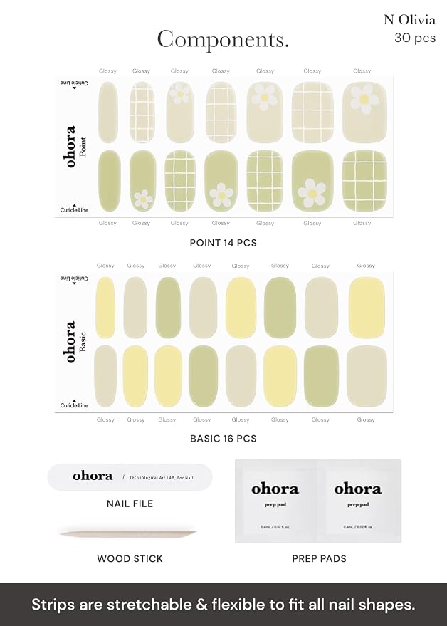 ohora Semi Cured Gel Nail Strips (N Olivia) - Green, Patterned, Works with Any UV/LED Lamps, Salon-Quality, Long Lasting, Easy to Apply & Remove