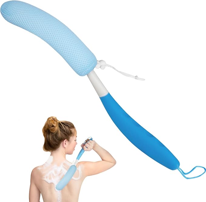 Back Scrubber for Shower,15.35" Long Handle Shower Brush for Body | Back Brush for Shower for Men Women, Long Handled Bath Sponge for Deep Clean,Exfoliating,Anti-Slip Curve Handled