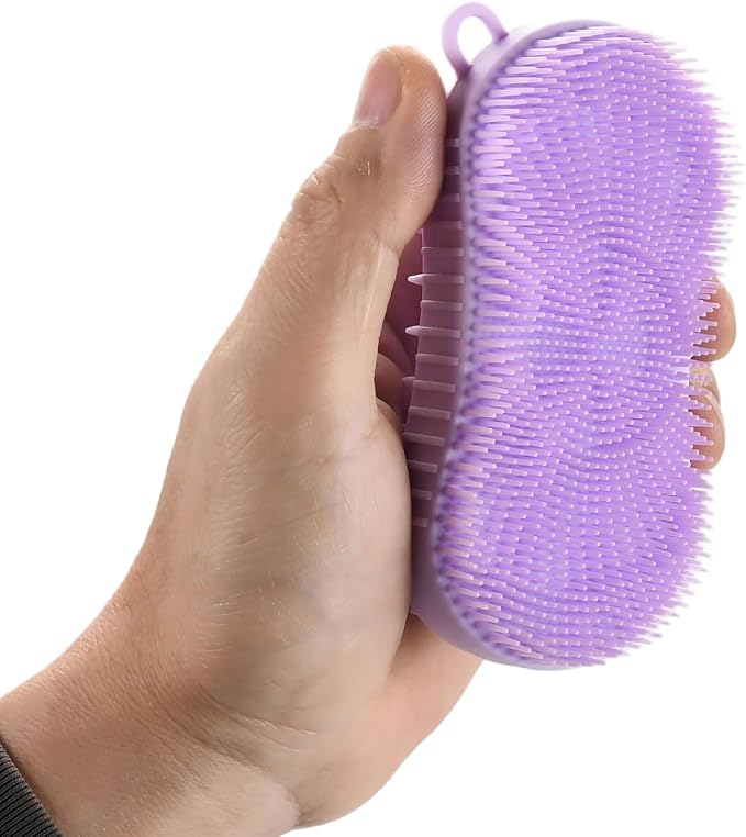 Silicone Body Scrubber, Double Sided Exfoliating Brush with Soft Flexible Bristles, Scalp Massage and Shampoo Tool with Hanger Loop (Lavender)
