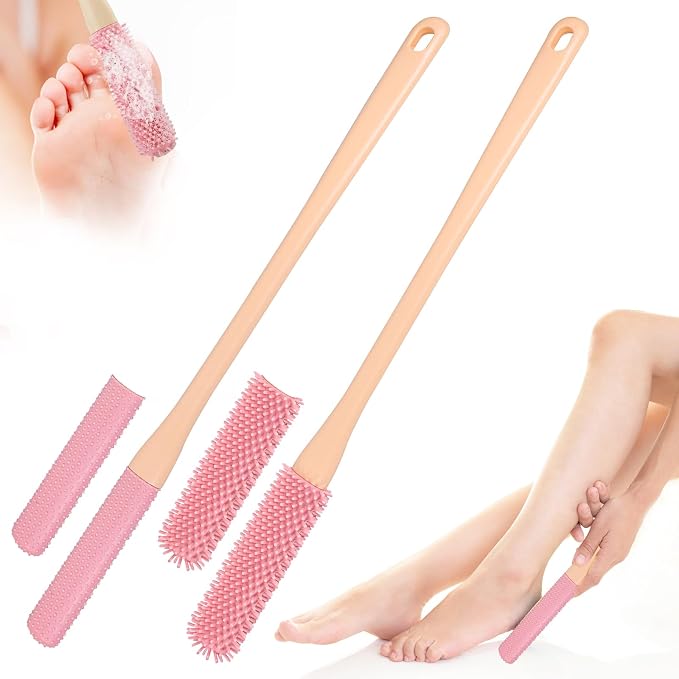 Toe Brush - 2 Pack Soft Silicone Long Handle (15.7") Shower Foot Cleaner for Elderly, Pregnant Women, Adults with Limited Mobility(Pink)