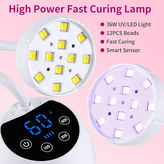 UV Nail Lamp,36W Cordless Gooseneck UV Light Gel x Flash Cure Lamp with 3 Timers and Auto Sensor for Gel Polish Nail Art(White)