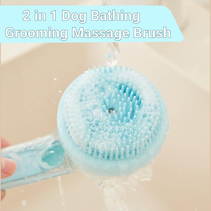 Dog Bath Brush, 2 in 1 Pet Grooming Bath Massage Brush with Soap and Shampoo Dispenser Soft Silicone Bristle Dog Scrubber for Long Short Haired Dogs Cats Shower-Blue