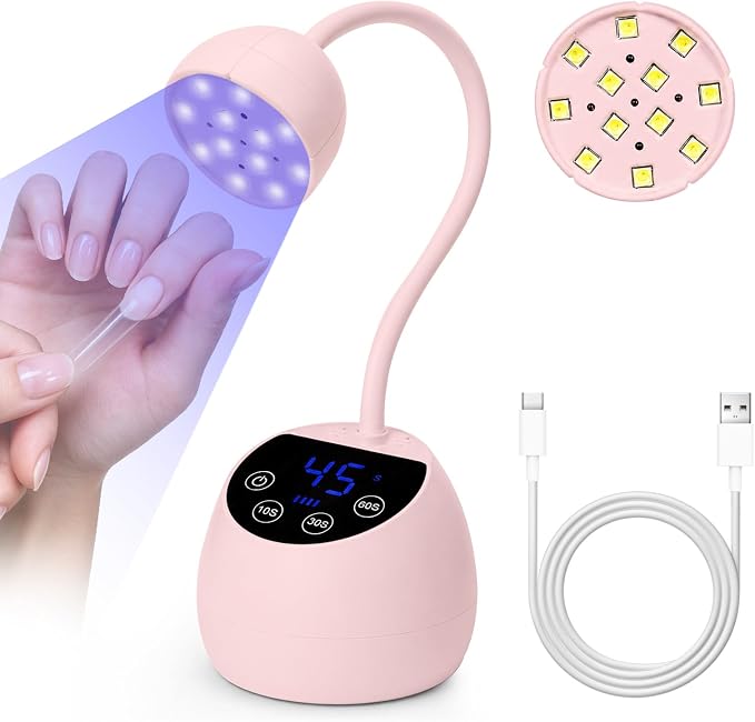 UV Nail Lamp, 360° Gooseneck Flash Cure Nail Lamp | 36W, 12 LEDs,4 Timers & Auto Sensor, Cordless UV Nail Light for All Gels Salon Home DIY Pink