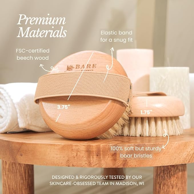 Bare Botanics Dry Brushing Body Brush for Lymphatic Drainage | Medium Firmness Cruelty Free Natural Boar Bristles Improves Circulation and Gently Exfoliates | Ergonomic Elastic Strap