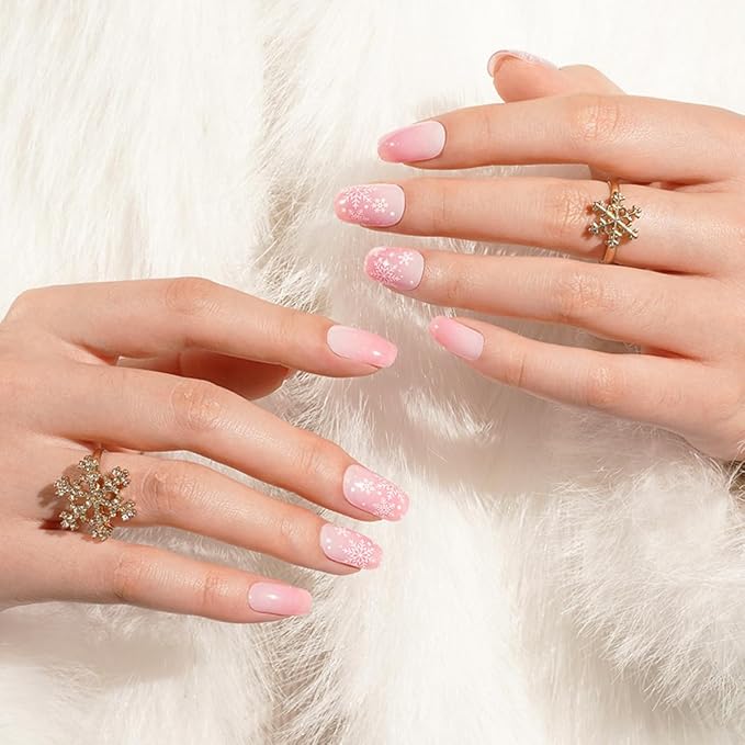 Christmas Semi Cured Gel Nail Strips - 20Pcs Pink UV Gel Nail Wraps with Snowflake Design, Long Lasting Salon-Quality Stickers, Includes Nails File & Wooden Stick - UV/LED Lamp Required
