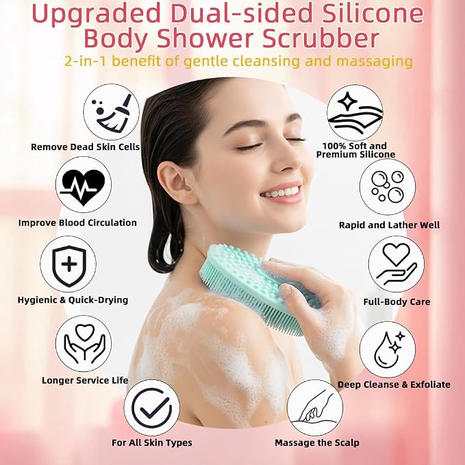 Silicone Body Scrubber 3 Pack Silicone Loofah Exfoliating Body Scrubber Soft Silicone Shower Brush with Handle Double Sided Bath Body Brush for Women Men Cleaning Massage Sensitive Skin, Lather Well