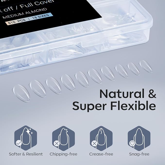 Modelones Almond Nail Tips 510pcs Medium Clear Soft Fake Press On Nails Tip | Pre Etched Half Matte Full Cover Clear Acrylic Gel False Press on Extension