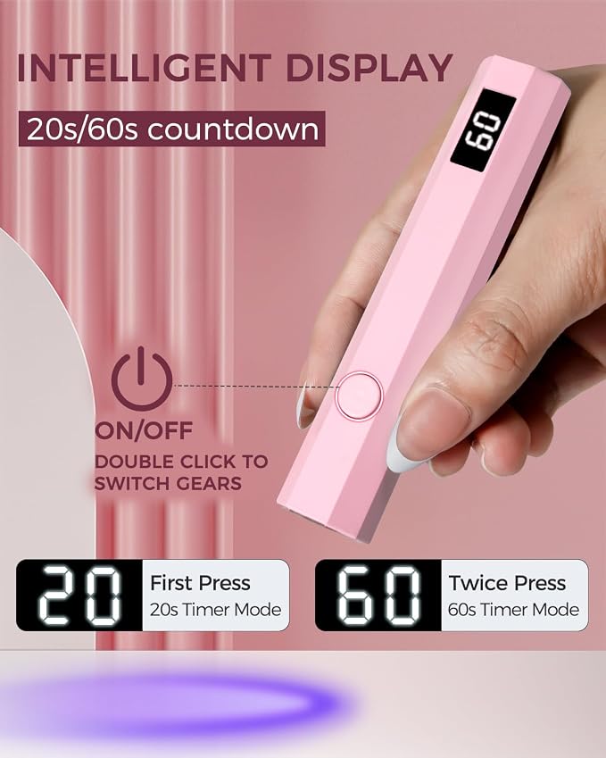 mlogiroa UV Nail Light Handheld UV Light for Nails | 3W Portable Led Lamp with 2 Timer Settings 20/60s for Gel Polish Home DIY Salon Women Pink