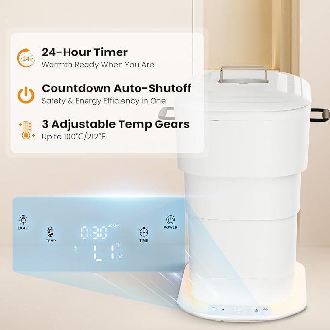 Foldable Towel Warmer 27L,Retractable Portable Towel Warmers Bucket, Time Setting & Auto Shut-Off, 3 Heat Levels with Lighting,Heats Towels/Robes/Blankets, Ideal for Bathroom (White)