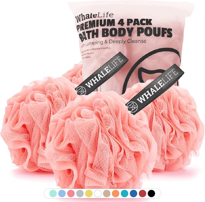 Bath Loofah Sponge for Shower Body Scrubber for Women Men 4-Pack Pink | 10X Suds Save Body Wash Double Knotted Anti Tear Core Fast Dry Cotton Loop Stay Fresh Large Mesh for Sensitive Skin