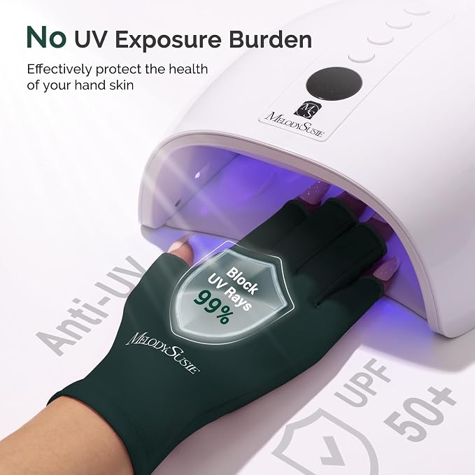 MelodySusie UPF50+ Fingerless UV Protection Gloves for Gel Manicures | Cool breathable fabric,professional UPF50+ UV protection,fingerless design ideal for salon & home gel manicure,Anti UV Light