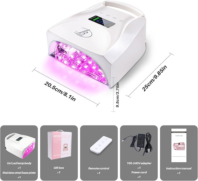 96W Cordless Nail Lamp, Pearl White Nail Dryer with Remote Control,Auto Sensor,Reflective Magnetic Bottom,Cooling Fan & 4 Timer,Rechargeable Professional LED UV Light for Nails Gel Polish