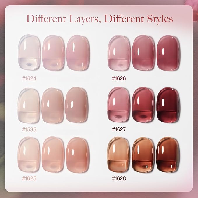 GAOY Rose Garden Jelly Gel Nail Polish Set, 6 Colors Nude Red Pink Brown | Natural Nails, Buildable Color, UV Lamp Required, Long Lasting, Easy to Apply, Salon Manicure at Home, Gift for Women