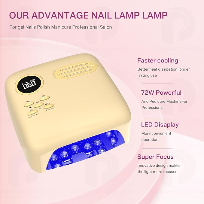 UV LED Nail Lamp for Gel Polish 72W Rechargeable Gel Nail Lamp Cordless Nail Dryer with Replaceable Light Board UV Light for Gel Nails for Home and Salon Use(Yellow)