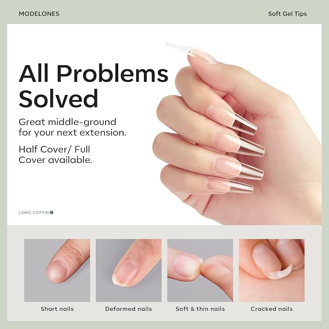 Modelones Long Coffin Nail Tips 500pcs Fake Nails Gel Clear | Fake Nails Gel Soft Acrylic Press on Pre-shape Full Cover Gel Extension Home DIY Salon Art Design 10 Sizes