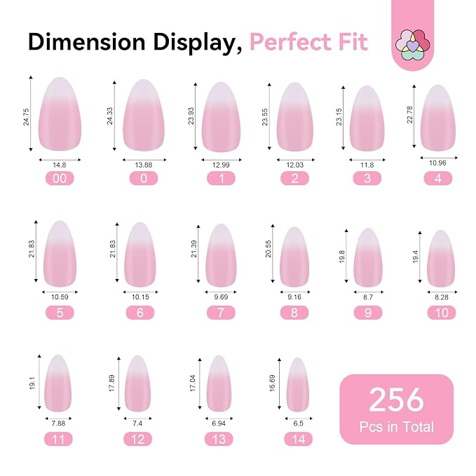 SAVILAND Press On Almond Nails: 4-In-1 Tips With Glue, White Pink Ombre Medium, 256 Pcs False Tips, Strong Glue, Mini Lamp, Electric Drill, Nail Stuff for Home
