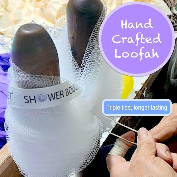 SHOWER BOUQUET Charcoal Back-Loofah-with-Handle & 2 Bath Sponge Puff Set | 1 Long Handled Loofah on a Stick for Men & Women & 2 Extra Large 75g Soft Mesh Loofa Poufs - Exfoliating Lufa Back Scrubber