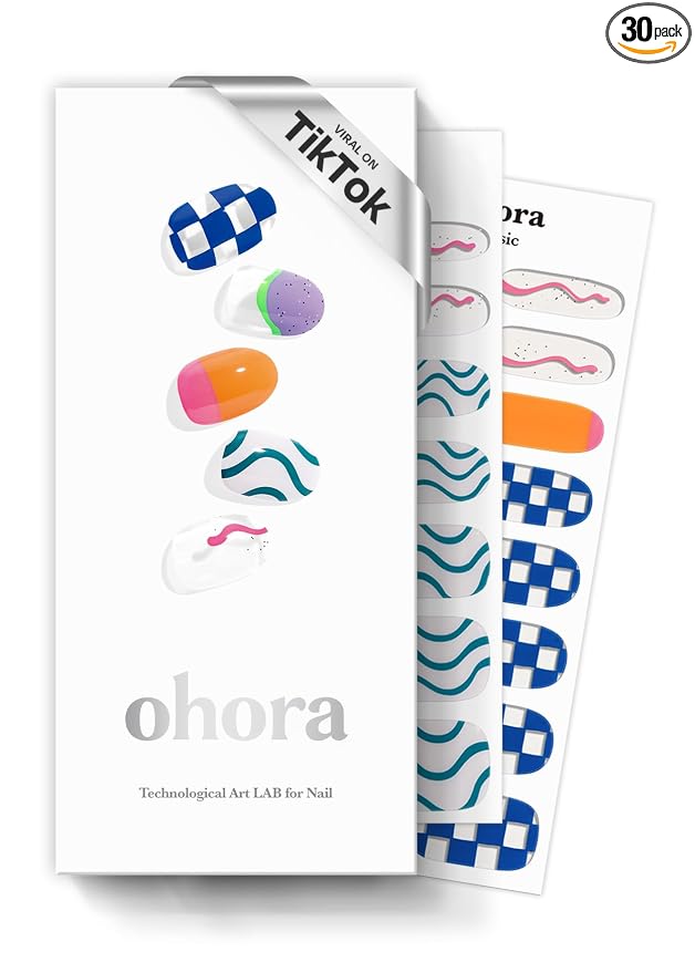 ohora Semi Cured Gel Nail Strips (N Snatched) - Blue, Patterned, Works with Any UV/LED Lamps, Salon-Quality, Long Lasting, Easy to Apply & Remove - Includes 2 Prep Pads, Nail File & Wooden Stick