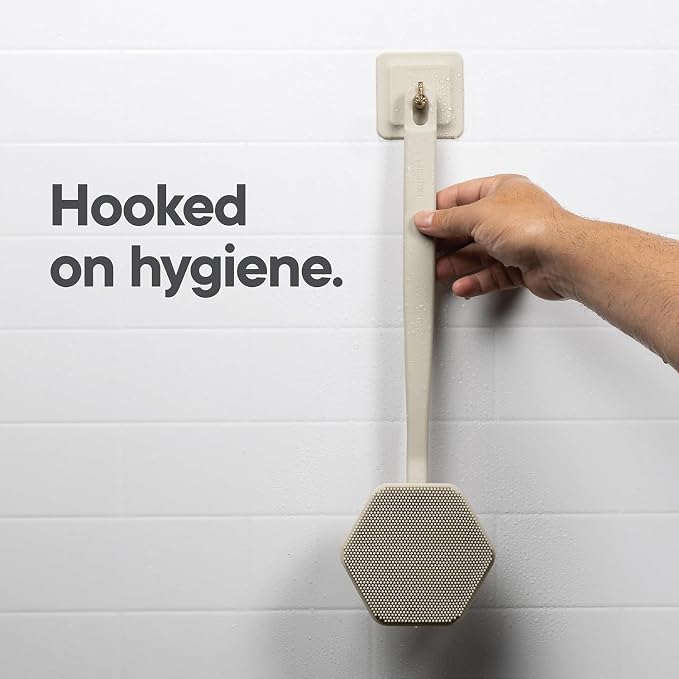 TOOLETRIES Silicone Back Scrubber for Shower with Hook - Sand | Long ergonomic bath brush with a non-slip grip for exfoliating and reaching hard-to-reach areas comfortably.