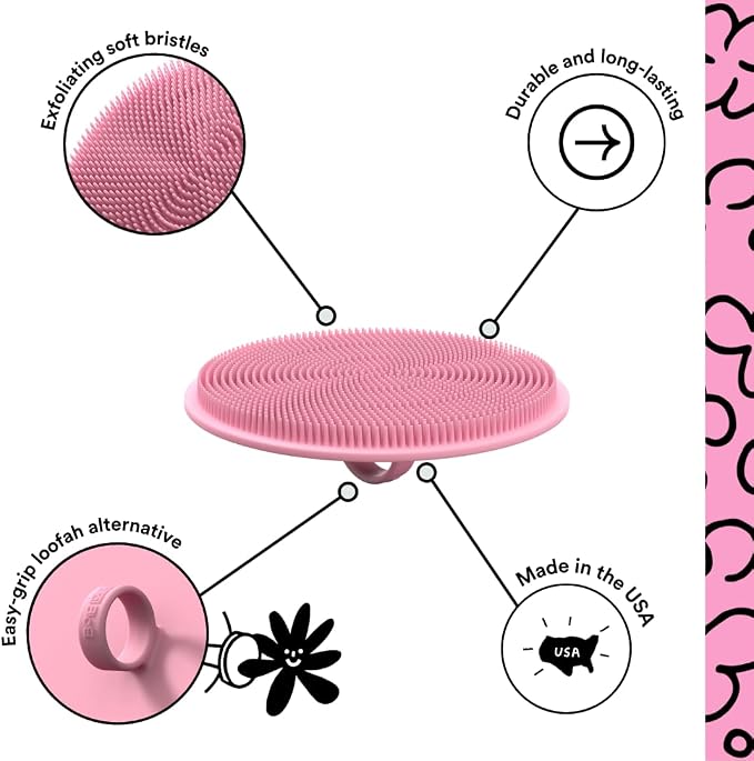 Boie USA Loop Body Scrubber - Soft Silicone-Like Exfoliating Shower Scrubber, Body Cleansing Brush - Hang-to-Wall Loofah Replacement - Antimicrobial Body Exfoliator for All Skin Types (Pink)