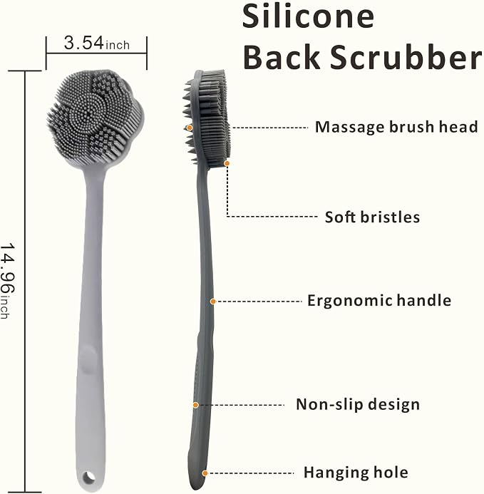 Back Body Scrubber & Face Scrubber for Shower - 15 Inch Long Handle Double Sided Silicone Body Brush for Exfoliation & Massage, Soft Facial Cleansing Brush, Rich Lathering for Deep Cleansing (Gray)