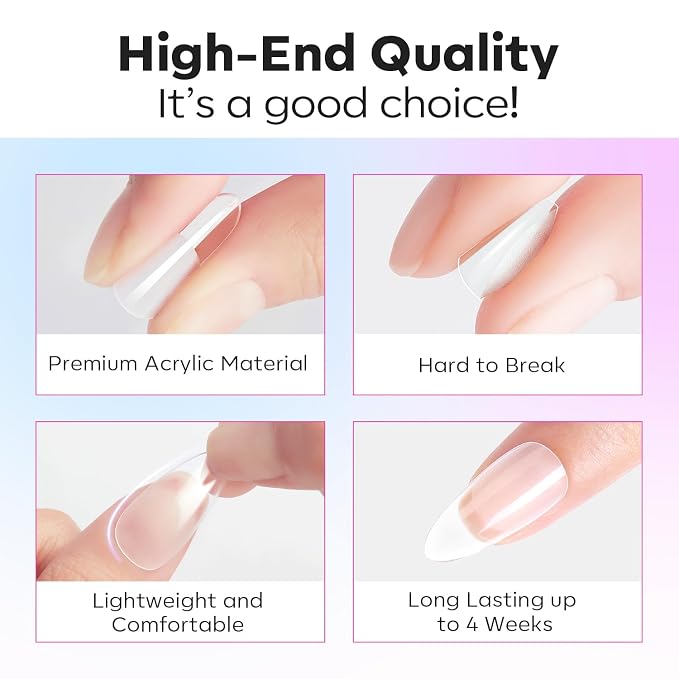 Modelones Pointed Almond Nail Tips 510pcs Medium Clear Fake Press on Nails | Half Matte Full Cover Clear Acrylic Gel False Press on Nails for Extension DIY Salon 15Sizes