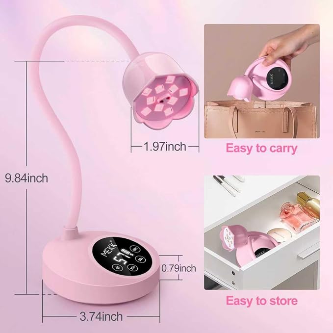 MEKK Flash Cure Nail Lamp,30W Cordless Mini UV Light for Gel Nails | Gooseneck, auto sensor, 4 timers (10/30/60/90s), portable, USB-C, single nail curing, salon & home, pink