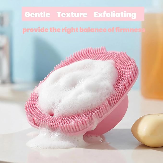 Soft Silicone Body Scrubber, Face Scrubber Silicone, Gentle Texture Exfoliating Body Scrubber for Men and Women On Sensitive Skin, Back Large Suction Cup for Easy Dry and Store (Pink)