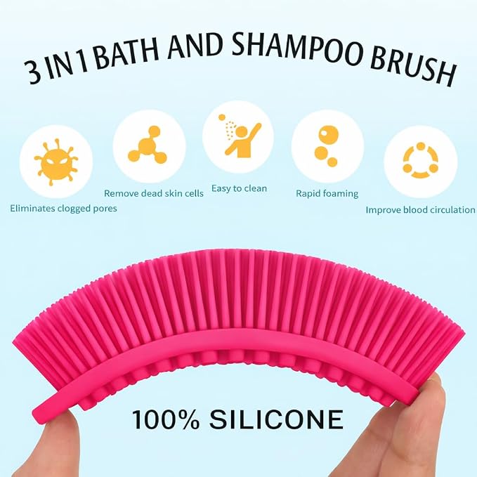 All-in-One Exfoliating Shower Brush – Gentle Silicone Loofah for Sensitive Skin with Dual-Purpose Scalp Massage for Spa-Quality Showers Daily (1pck) (Hot Pink)