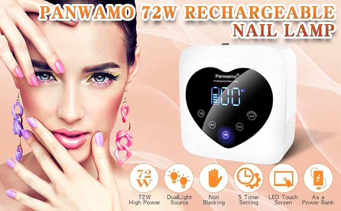 Rechargeable UV LED Nail Lamp,72W Cordless UV Light for Nails with Removable Bottom,Professional Curing Lamp for Gel Nails with 30 Beads,5 Timer Setting Nail Light and LED Touch Screen Gel Nail Dryer