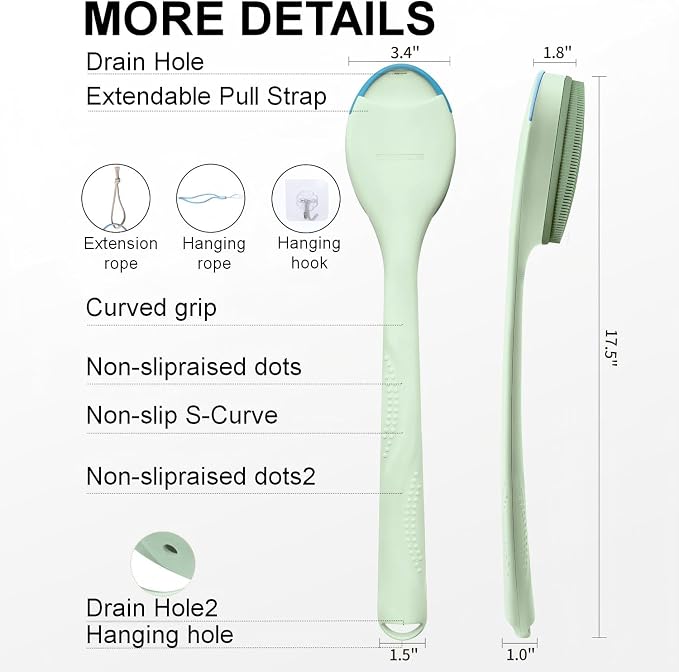 Extendable Silicone Back Scrubber, 17-32", 4X Scrub Power,Green | Dual handles for 4X power. Zinc-infused BPA-free silicone. 30D dense bristles for rich lather & deep cleanse. Quick-dry.