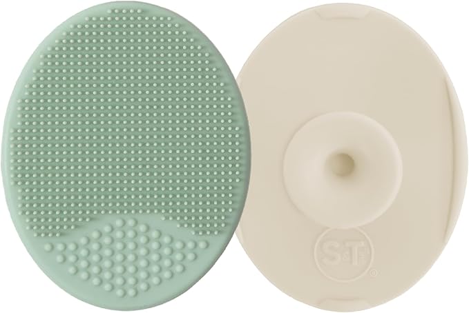 S&T INC. Cradle Cap Brush for Baby, 2 Pack, 2" x 2.5", Sage and Cream | Exfoliating and Massaging, Cleansing Brush for Baby, Silicone Bristles, Rinses Clean, Suction Cup Handle