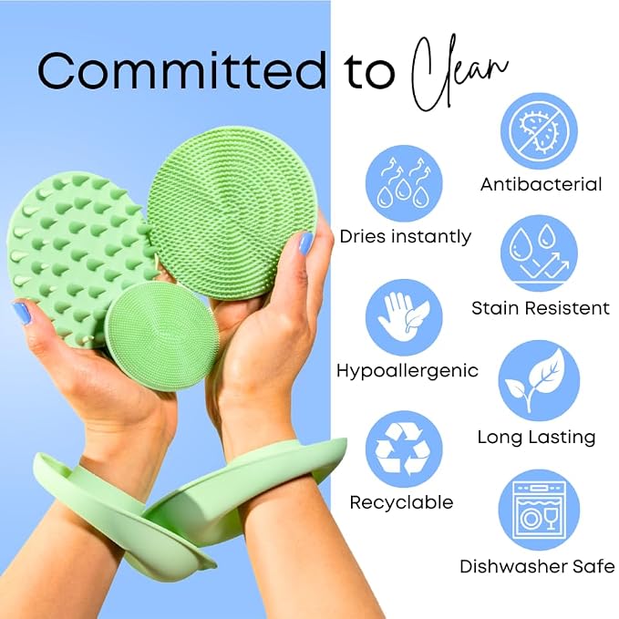 Beauty Gift Set - Silicone Spa Kit for Face & Body (Sage Green) | Includes Water Catching Wristbands, Body Scrubber, Face Buffer, & Scalp Exfoliator, Trendy Self-Care Gift for Teens & Women
