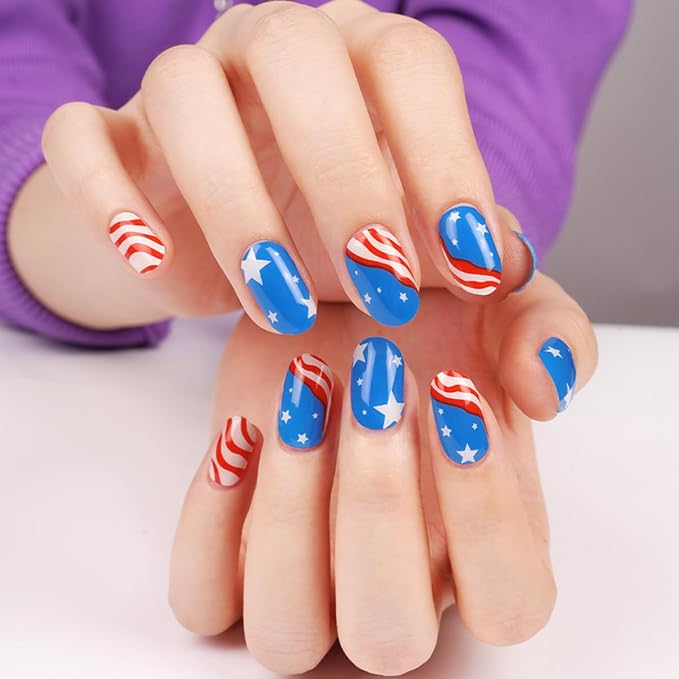 4th of July Nail Wraps - 20Pcs American Flag Nail Polish Strips, Patriotic Nail Stickers for Independence Day, Long Lasting Salon-Quality, Includes Nails File & Wooden Stick - UV/LED Lamp Required
