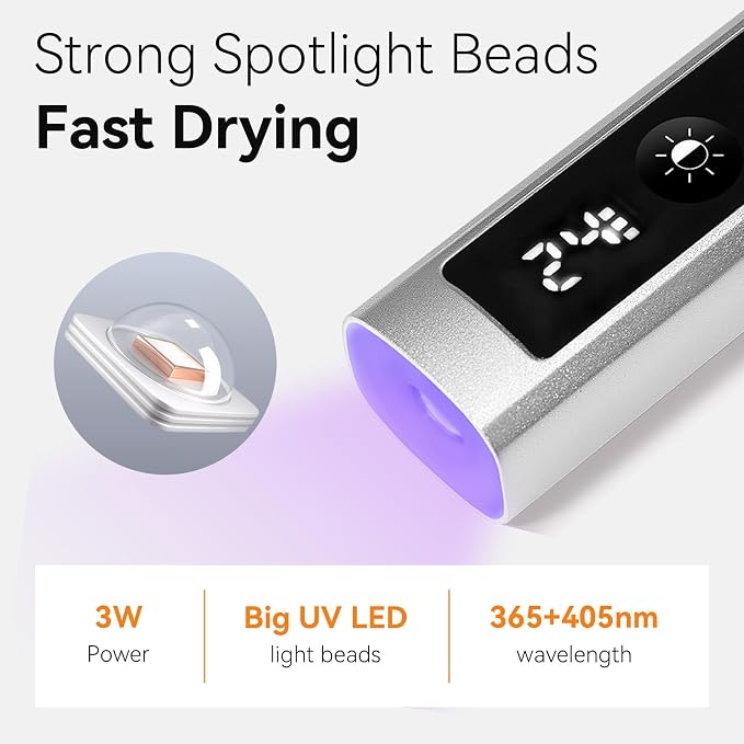 Makartt Handheld UV Nail Lamp with Painless Mode for Curing Builder Gel | 800mAh Rechargeable UV Light for Gel-X Nail Tips Portable Nail Lamp with LCD Display & 3 Timers Home DIY & Salon, Sliver