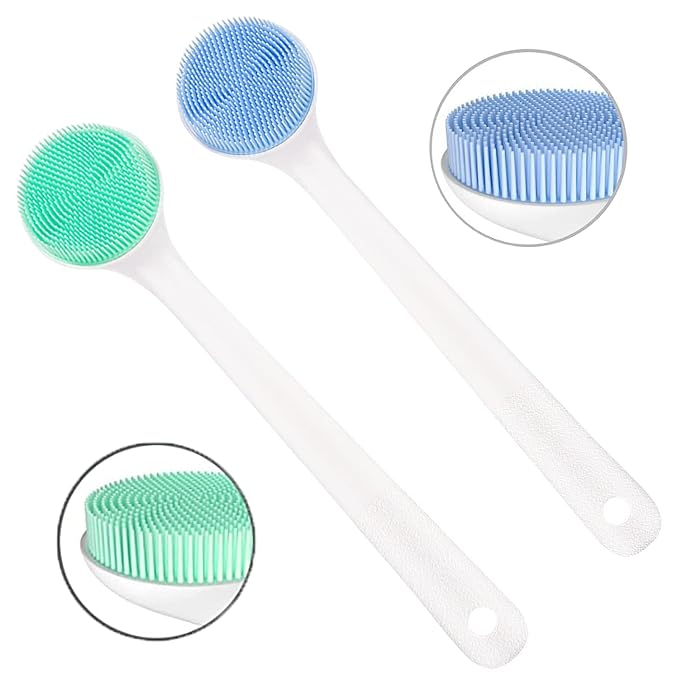 2 Pack Silcone Back Brush with Long Handle (Green+Blue)