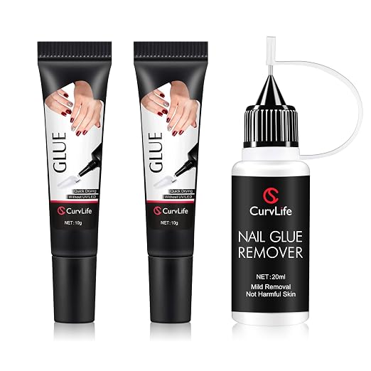Curvlife 2pcs 10g Semi-Solid Glue Gel and 20ml Pinpoint Glue Remover Kit for Press on Nails, Valentine's Day Gifts Quick Dry No UV Lamp Needed with Gentle Non-Acetone Remover, Fake Nail Tips