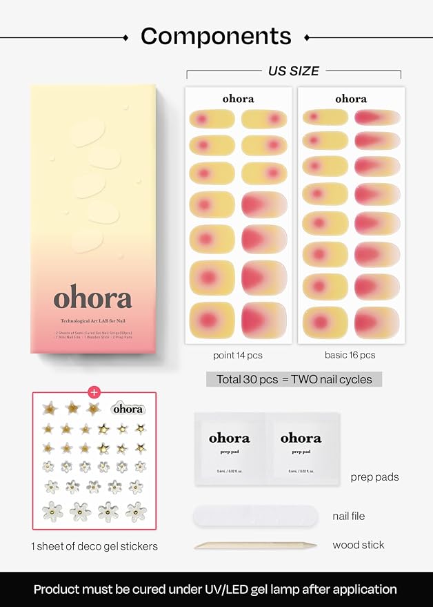 ohora Semi Cured Gel Nail Strips (N Tropical Dream) - Works with Any Nail Lamps, Salon-Quality, Long Lasting, Easy to Apply & Remove - Includes 2 Prep Pads, Nail File & Wooden Stick