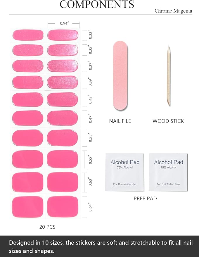 Semi Cured Gel Nail Strips (Chrome Magenta), Hot Pink, 20 Pcs Gel Nail Wraps, Stickers, UV Light Required, Long Lasting