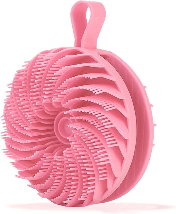 Double-Sided Silicone Body Scrubber Shower Bath Brush（Pink） | Handheld Cleansing Skin Brush for Sensitive Kids Women Men All Kinds of Skin