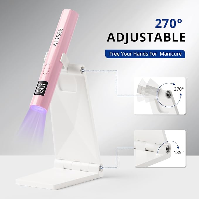 AIRSEE Mini Handheld UV Light with Storage Bag & Display,Pink-with Stand | Cordless Nail Lamps,2 Timers for Fast Cure All Soft Gels, Especially Rhinestone Glue and Gel Nail Strips at Home,Travel