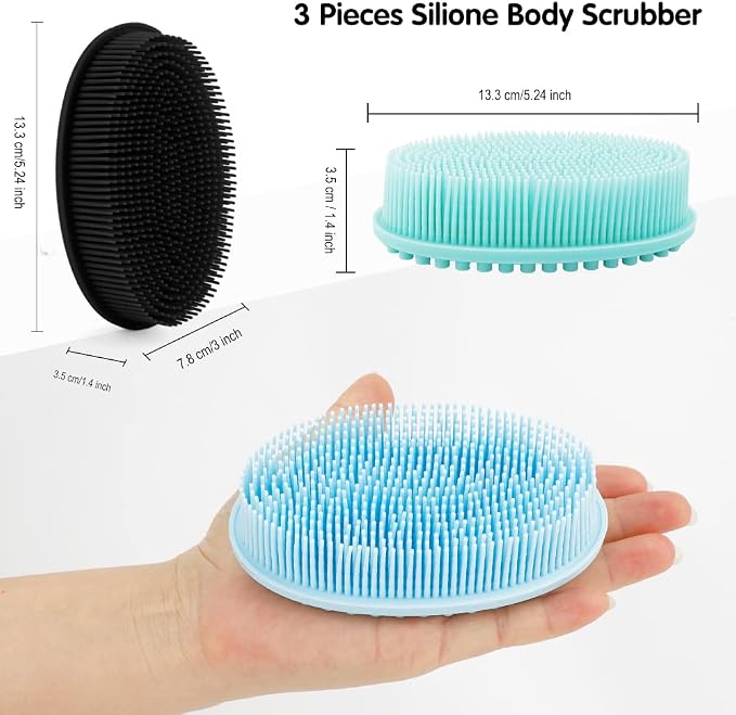 3 Pack Silicone Body Scrubber, Soft Silicone Loofah Exfoliating Body Scrubber, Silicone Body Brush Bath Shower Scrubber for Body, 2 in 1 Bath and Shampoo Wash Brush for Skin Exfoliation Men Women
