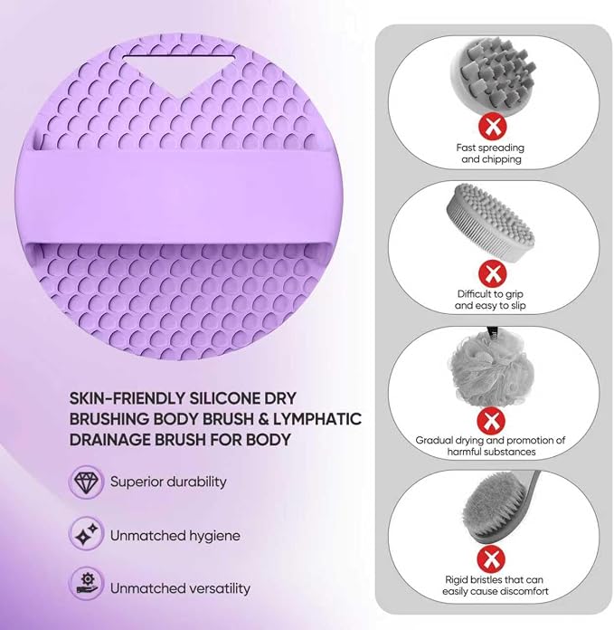 Silicone Body Scrubber -Anti Zinc Infused Exfoliating Body Scrubber | Anti Slip Silicone Loofah,Stiff & Soft Bristles for Cellulite Reduction,Blood Circulation- Purple