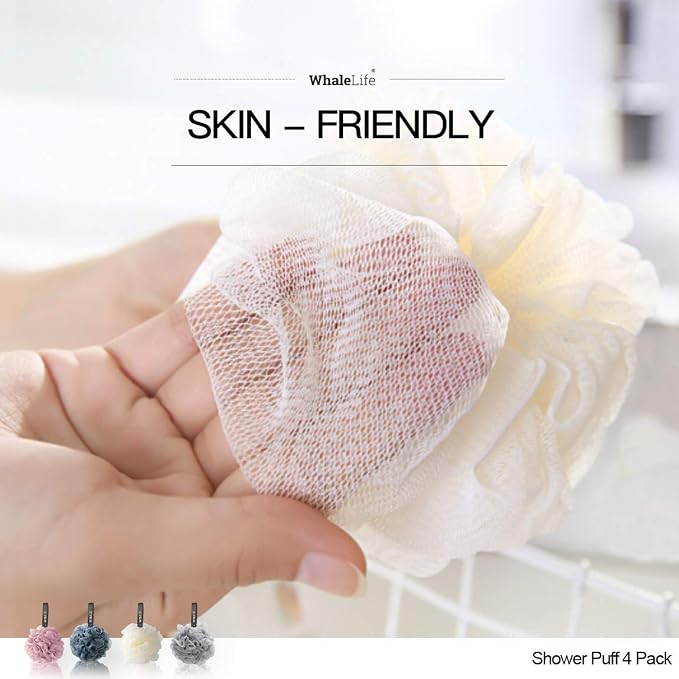 Loofah Sponge Bath Sponge for Women Men 4 Pack (Pink Blue Yellow Gray) | 10X Suds Save Body Wash Double Knotted Anti Tear Core Fast Dry Cotton Loop Stay Fresh Large Mesh for Sensitive Skin