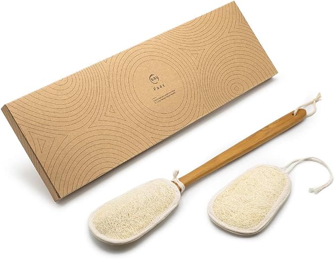 FAAY 17 Inch Natural Exfoliating Loofah Back Scrubber On a Stick with Luffa Sponge Pads Refills – Long Handle Loofa Body Bath & Shower Brush for Men & Women