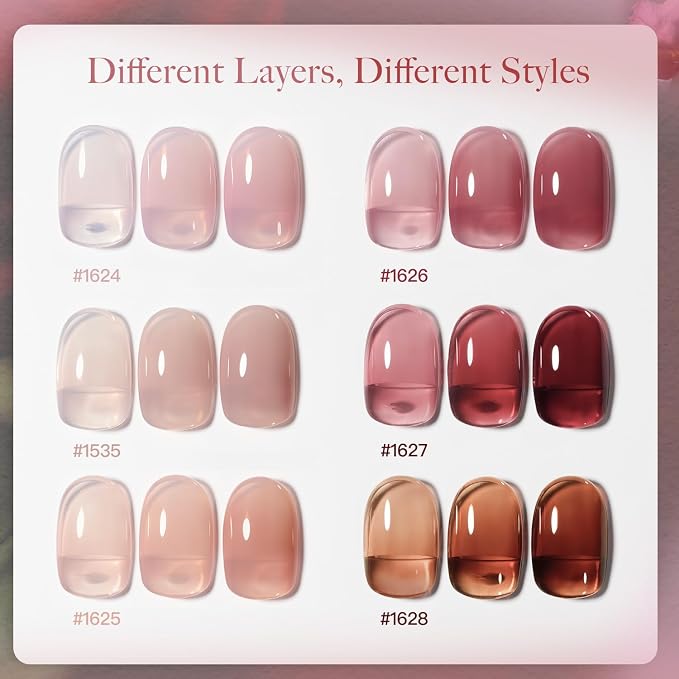 GAOY Gel Nail Polish Kit with UV Light, 6 Colors | Sheer Nude Red Pink Brown, Gel Polish Kit, with Top and Base Coat, for Beginners, Salon and Home Nail Art DIY, Rose Garden